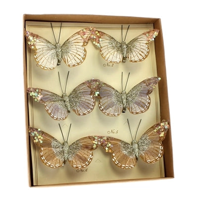 Mandarin Butterflies On Clip - Box of 6 - White, Grey, Taupe