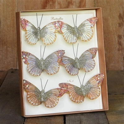 Mandarin Butterflies On Clip - Box of 6 - White, Grey, Taupe